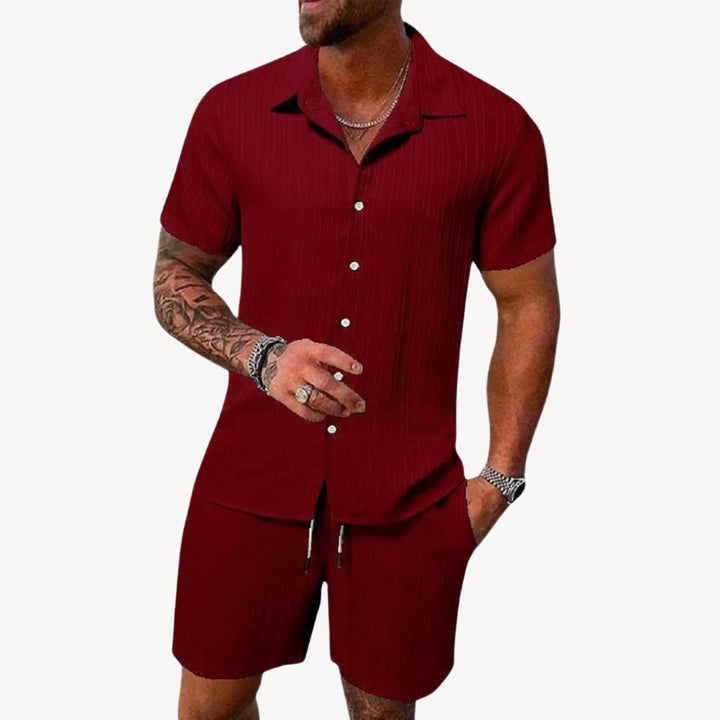 Dark red men's casual summer shirt shorts set with collared button-up shirt and shorts