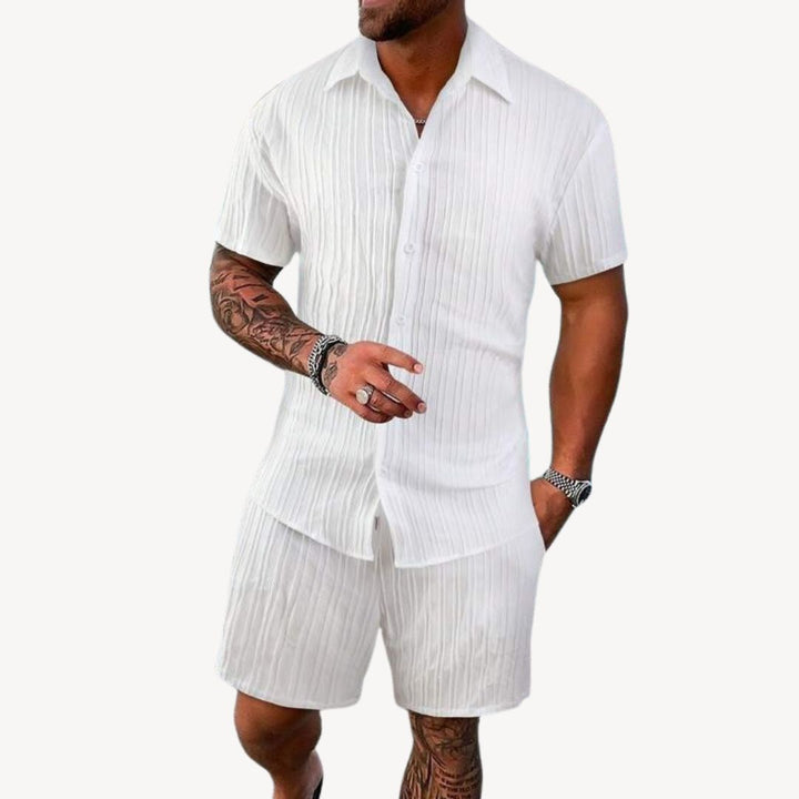White men's casual summer shirt shorts set with lightweight button-up shirt and loose shorts