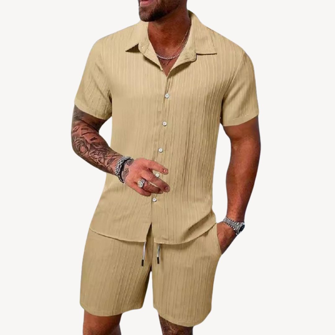Beige men's casual summer shirt shorts set with button-up shirt and drawstring shorts