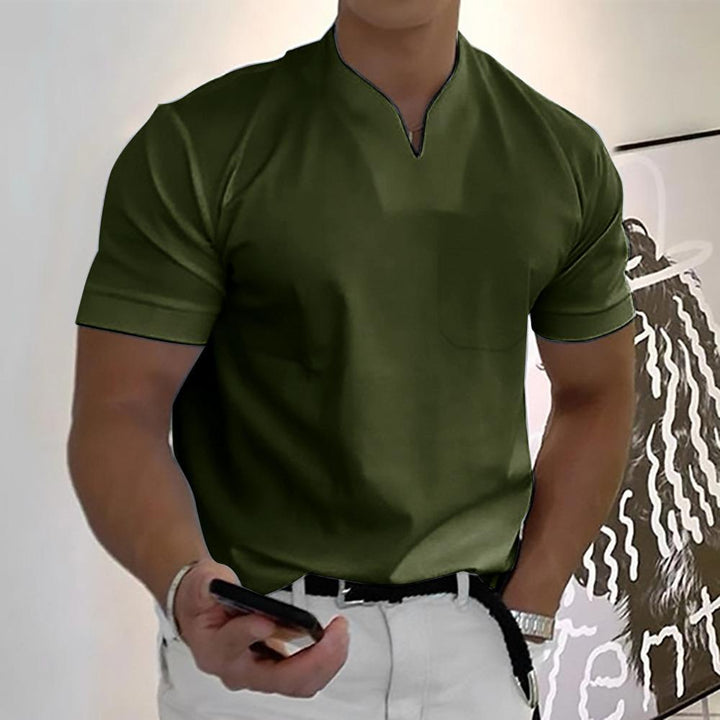 Olive green men's casual V neck short sleeve polo shirt with chest pocket and casual style
