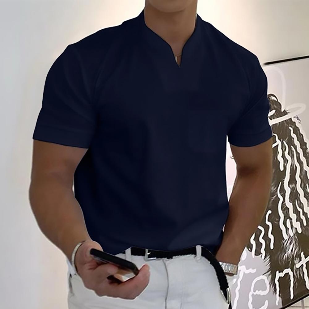 Navy blue men's casual V neck short sleeve polo shirt with clean solid design