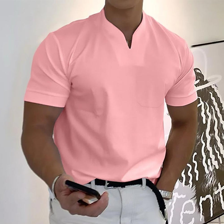 Pink men's casual V neck short sleeve polo shirt with chest pocket and fit