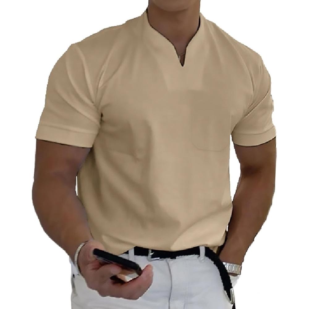 Beige men's casual V neck short sleeve polo shirt styled with short sleeves and pocket