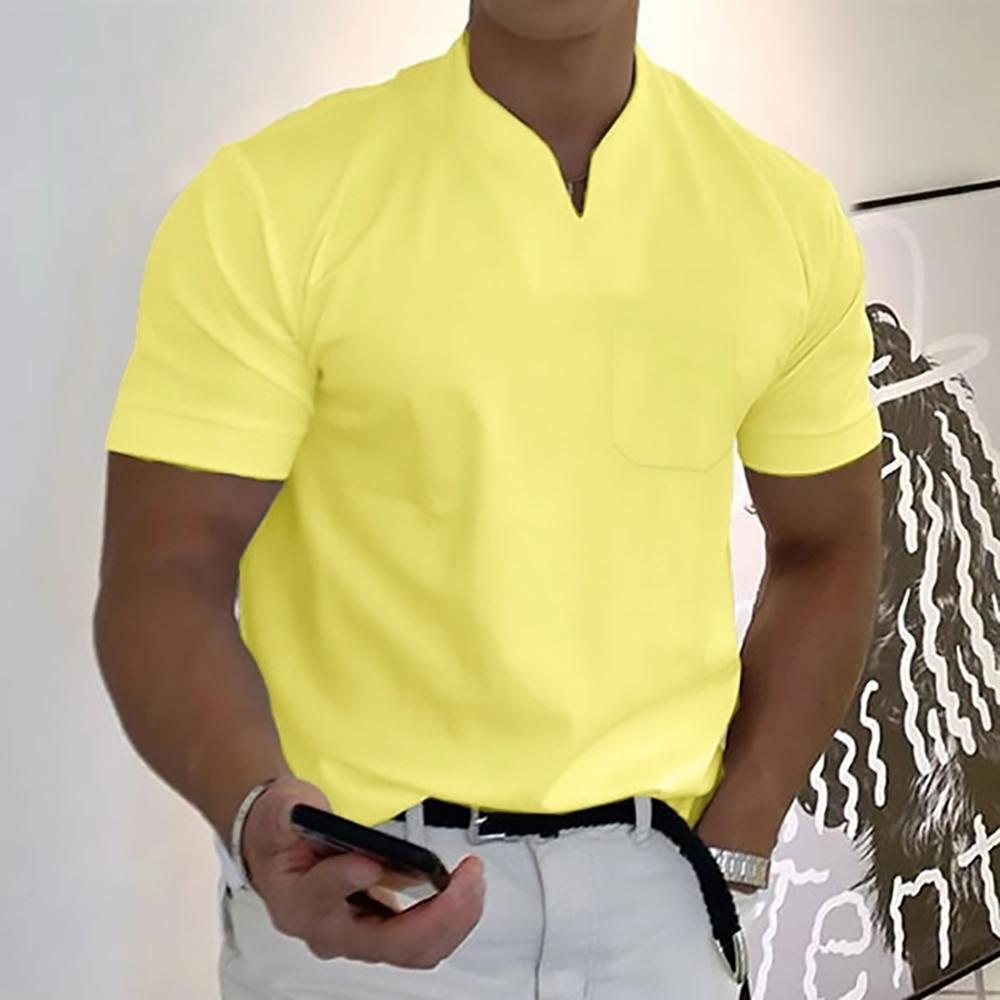 Bright yellow men's casual V neck short sleeve polo shirt with solid plain finish
