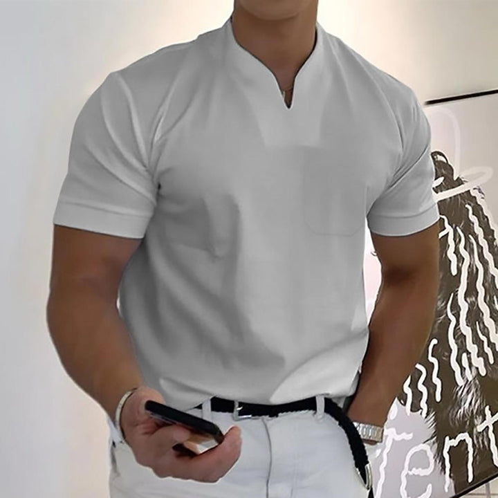 Light gray men's casual V neck short sleeve polo shirt with chest pocket and soft look