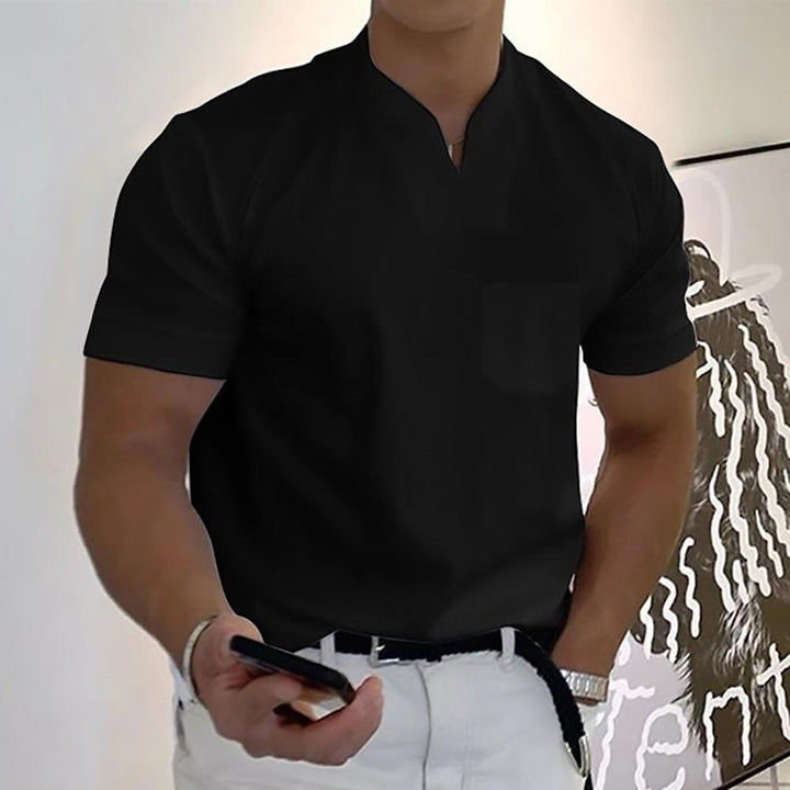 Black men's casual V neck short sleeve polo shirt with fitted silhouette and short sleeves