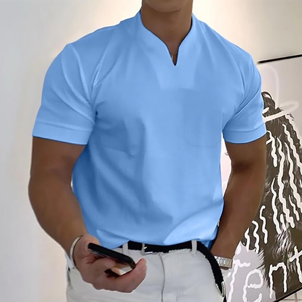 Light blue men's casual V neck short sleeve polo shirt with chest pocket and smooth fabric
