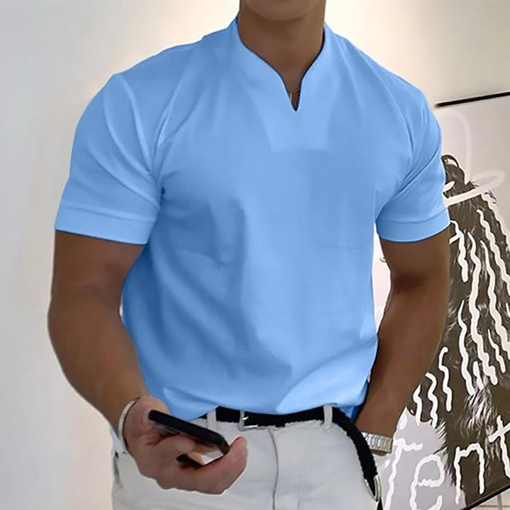 Light blue men's casual V neck short sleeve polo shirt with chest pocket and smooth fabric