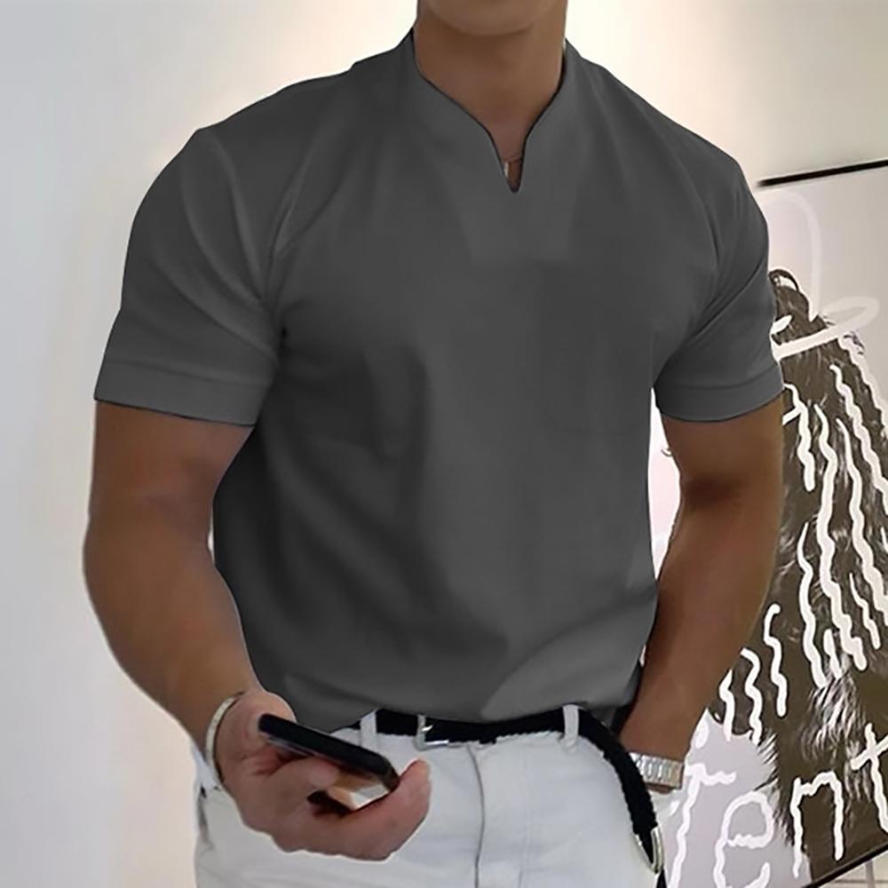 Dark gray men's casual V neck short sleeve polo shirt with solid color and tailored fit