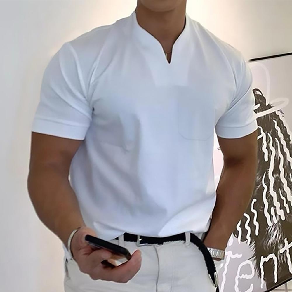 White men's casual V neck short sleeve polo shirt with chest pocket and fitted fit