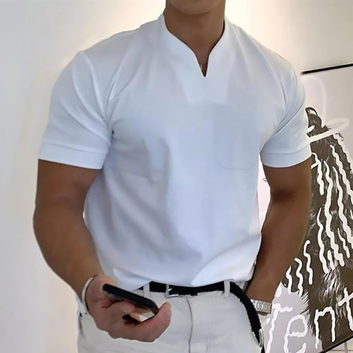 White men's casual V neck short sleeve polo shirt with chest pocket and fitted fit