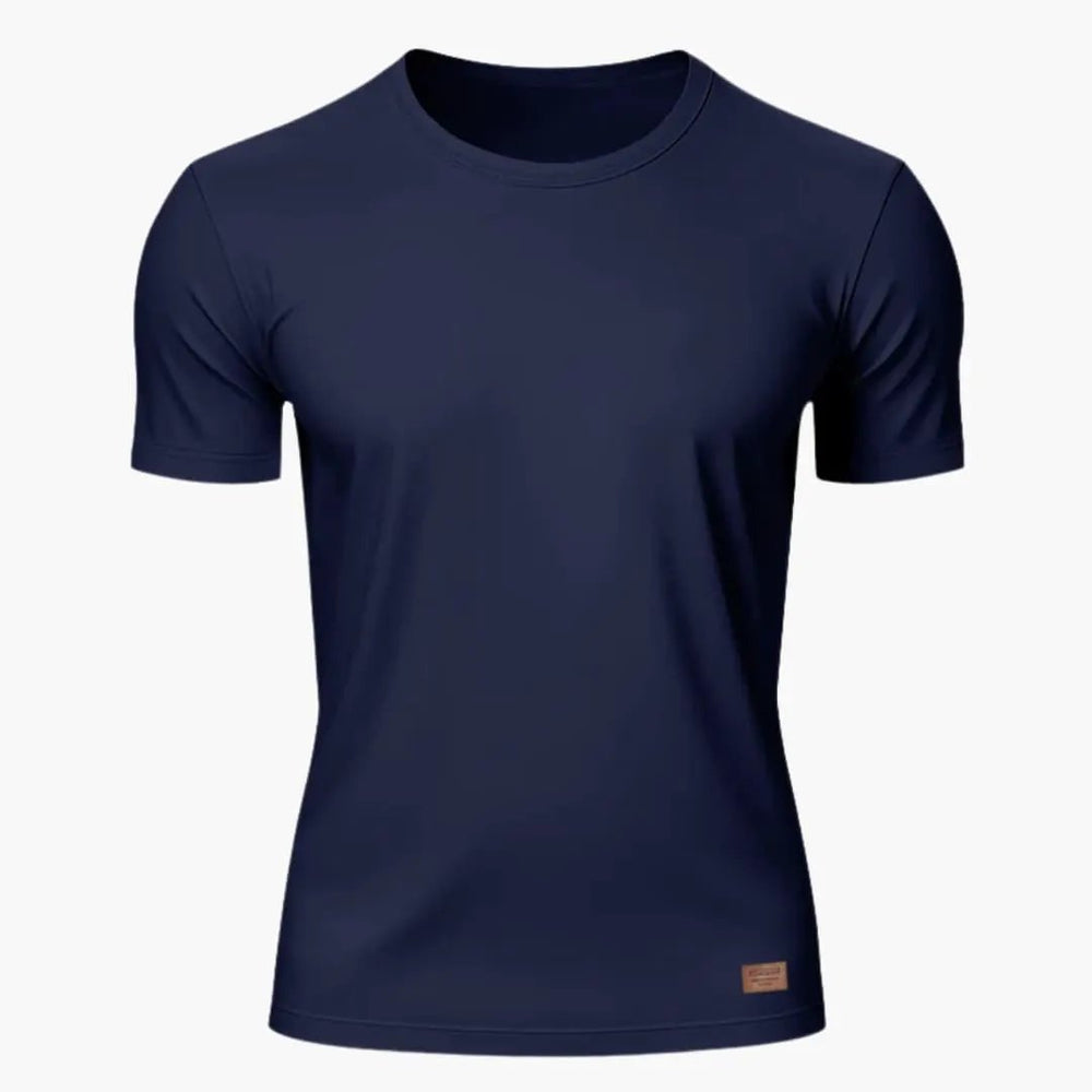 Navy crew neck short sleeve sports T-shirt shown flat with fitted athletic cut