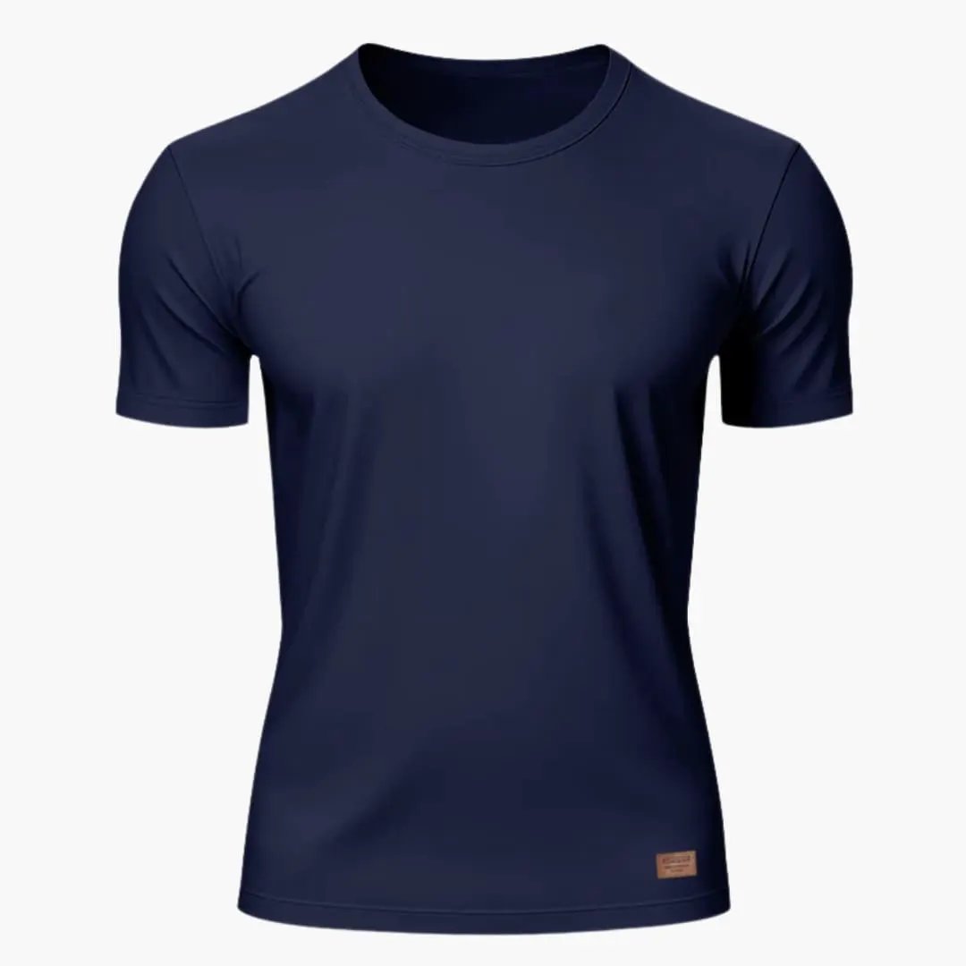 Navy crew neck short sleeve sports T-shirt shown flat with fitted athletic cut