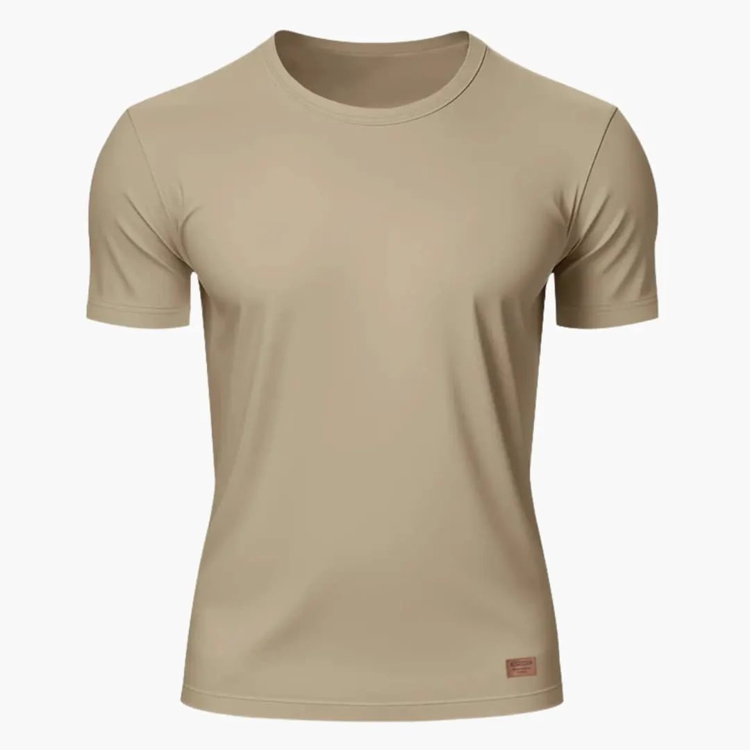Beige crew neck short sleeve sports T-shirt with smooth fabric and tapered fit