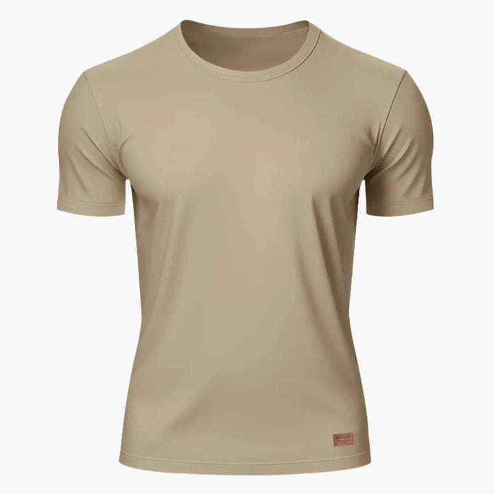 Beige crew neck short sleeve sports T-shirt with smooth fabric and tapered fit
