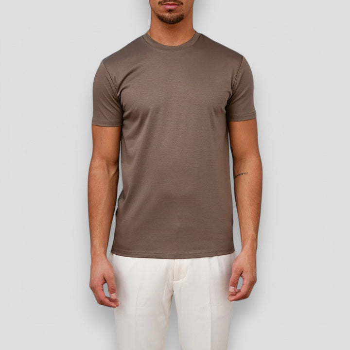 Brown crew neck short sleeve t shirt with a smooth fitted silhouette, men's casual shirt
