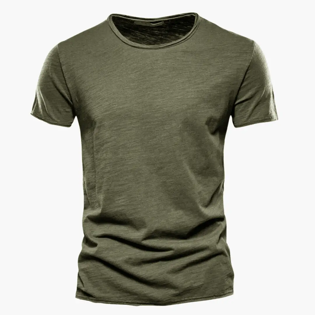 Olive green crew neck short sleeve t shirt with heathered fabric and casual fit
