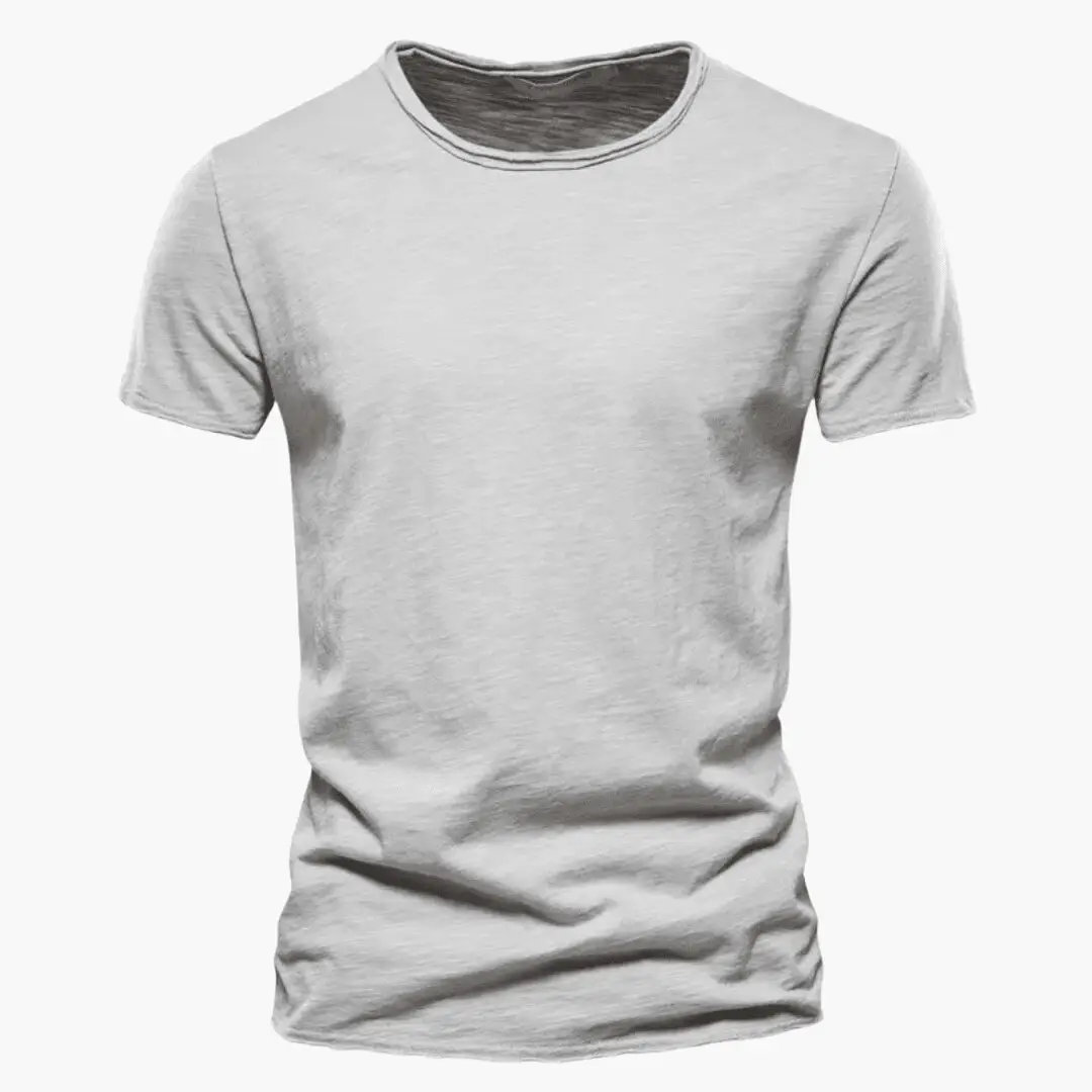 Light gray crew neck short sleeve t shirt with soft heathered texture and relaxed fit