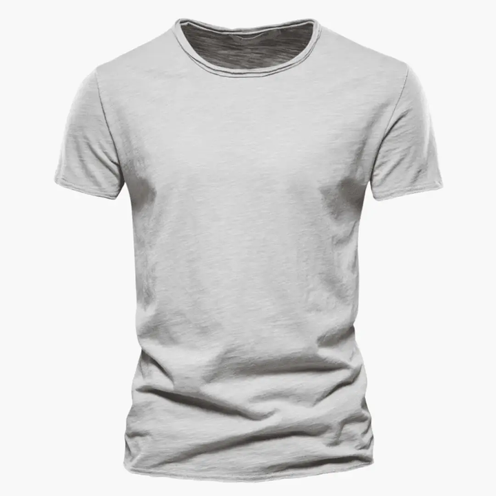 Light gray crew neck short sleeve t shirt with soft heathered texture and relaxed fit