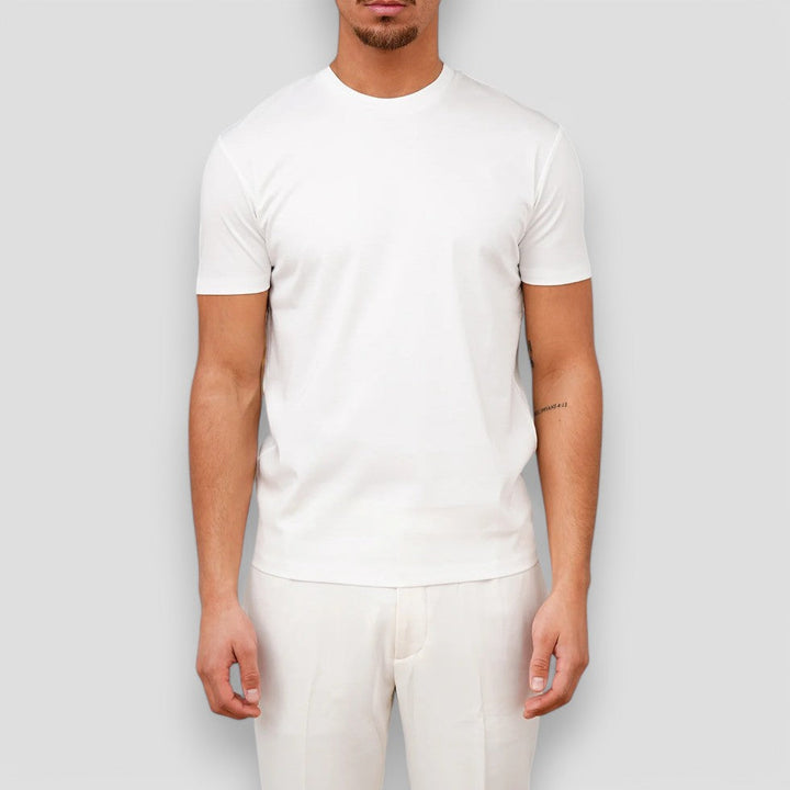 White crew neck short sleeve t shirt, clean minimalist men's basic shirt for summer