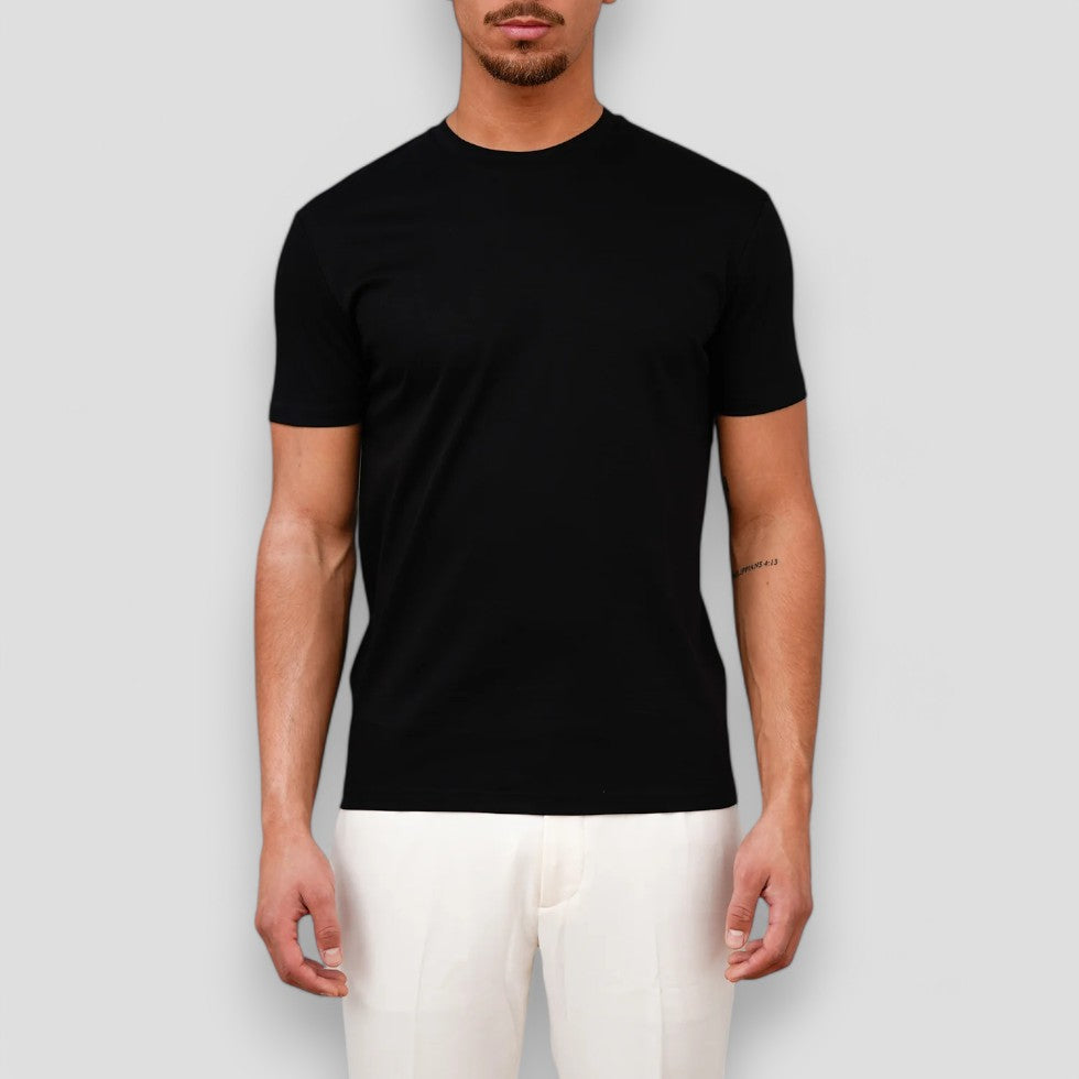 Black crew neck short sleeve t shirt, fitted men's t shirt with a plain solid design