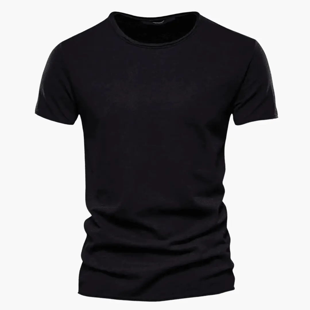 Black crew neck short sleeve t shirt with solid color design and fit