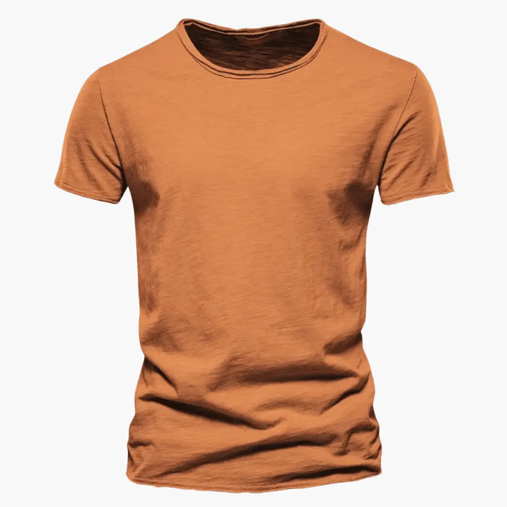 Orange crew neck short sleeve t shirt with soft heathered look and casual fit