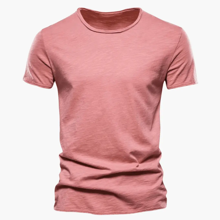 Pink crew neck short sleeve t shirt with heathered fabric and fitted casual style