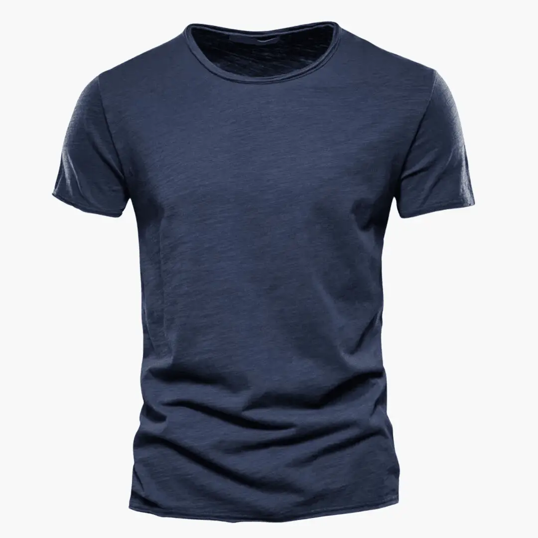 Navy blue crew neck short sleeve t shirt with heathered texture and fit