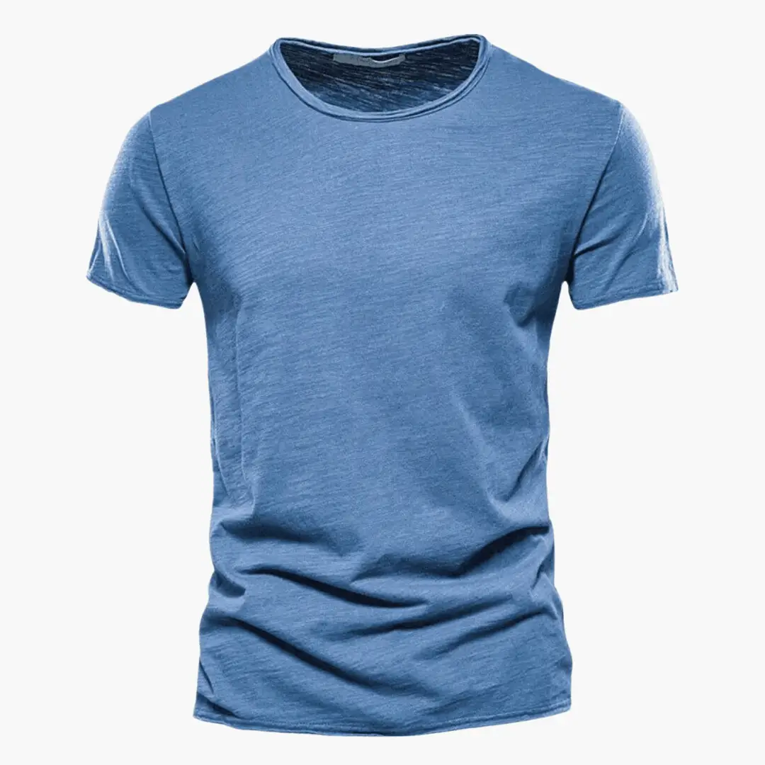 Blue crew neck short sleeve t shirt with heathered texture and fit