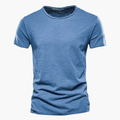 Blue crew neck short sleeve t shirt with heathered texture and fit