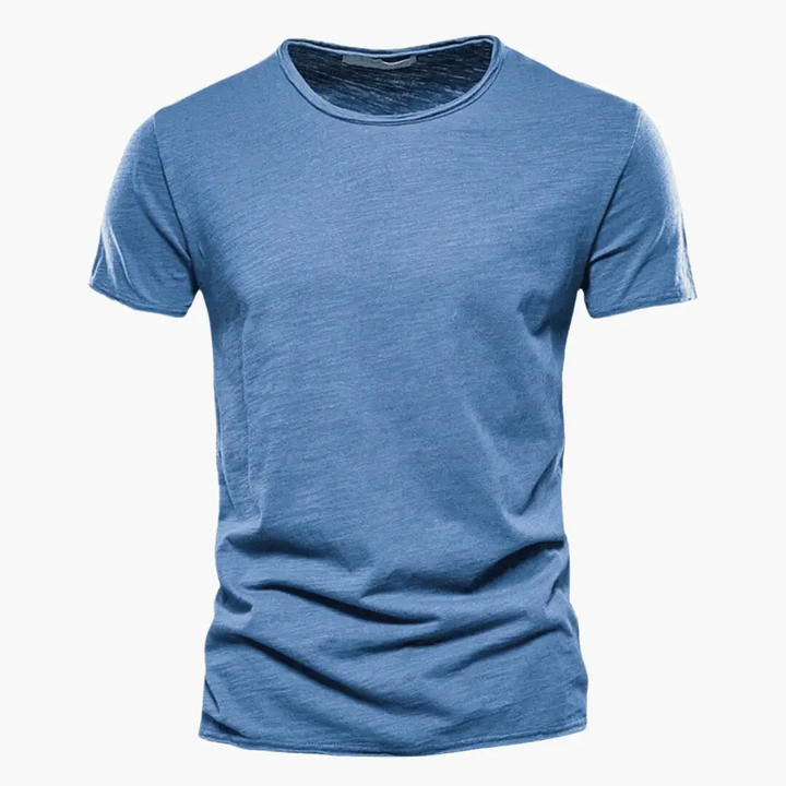 Blue crew neck short sleeve t shirt with heathered texture and fit