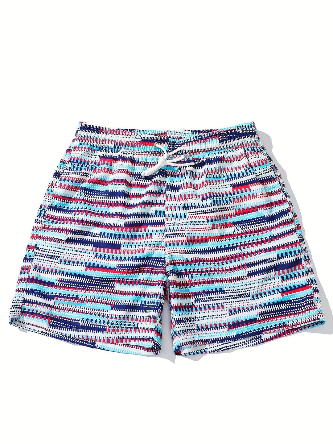 Full front view of men's swim shorts with white drawstring and colorful graphic stripe design
