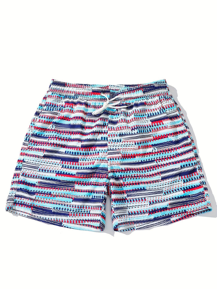 Full front view of men's swim shorts with white drawstring and colorful graphic stripe design