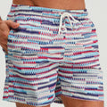 Close-up front view of men's graphic swim shorts showing waistband, drawstring, and bright striped print