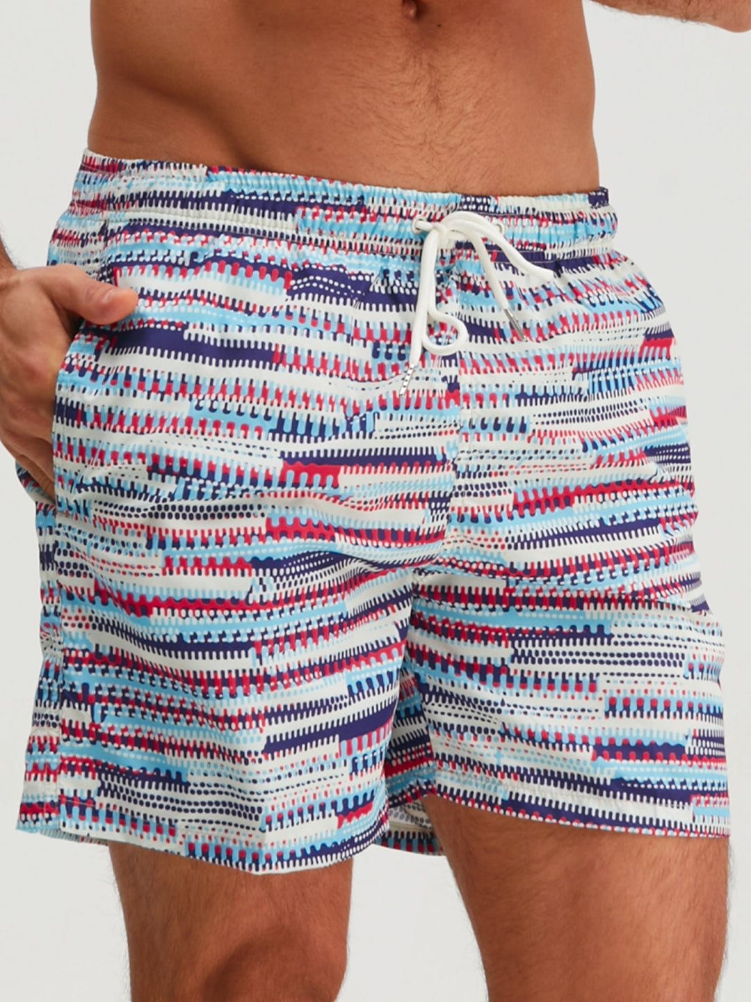 Front view of men's graphic swim shorts with blue, red, and navy stripe print and white drawstring