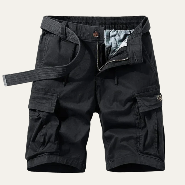 Black cargo shorts front view with elastic waist, drawstring, and large utility pockets