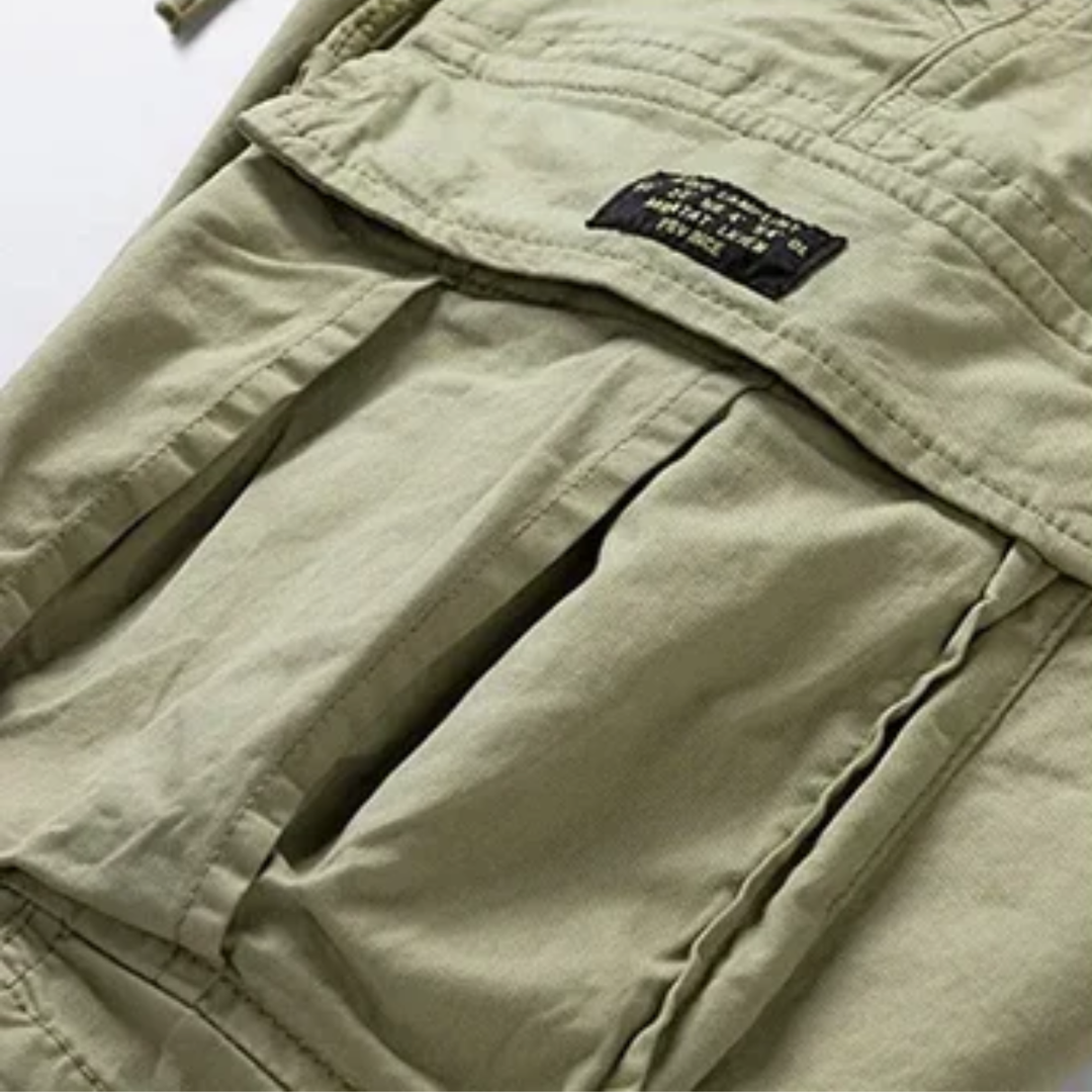 Khaki cargo shorts close-up with side pocket flap, stitching, and hem detail
