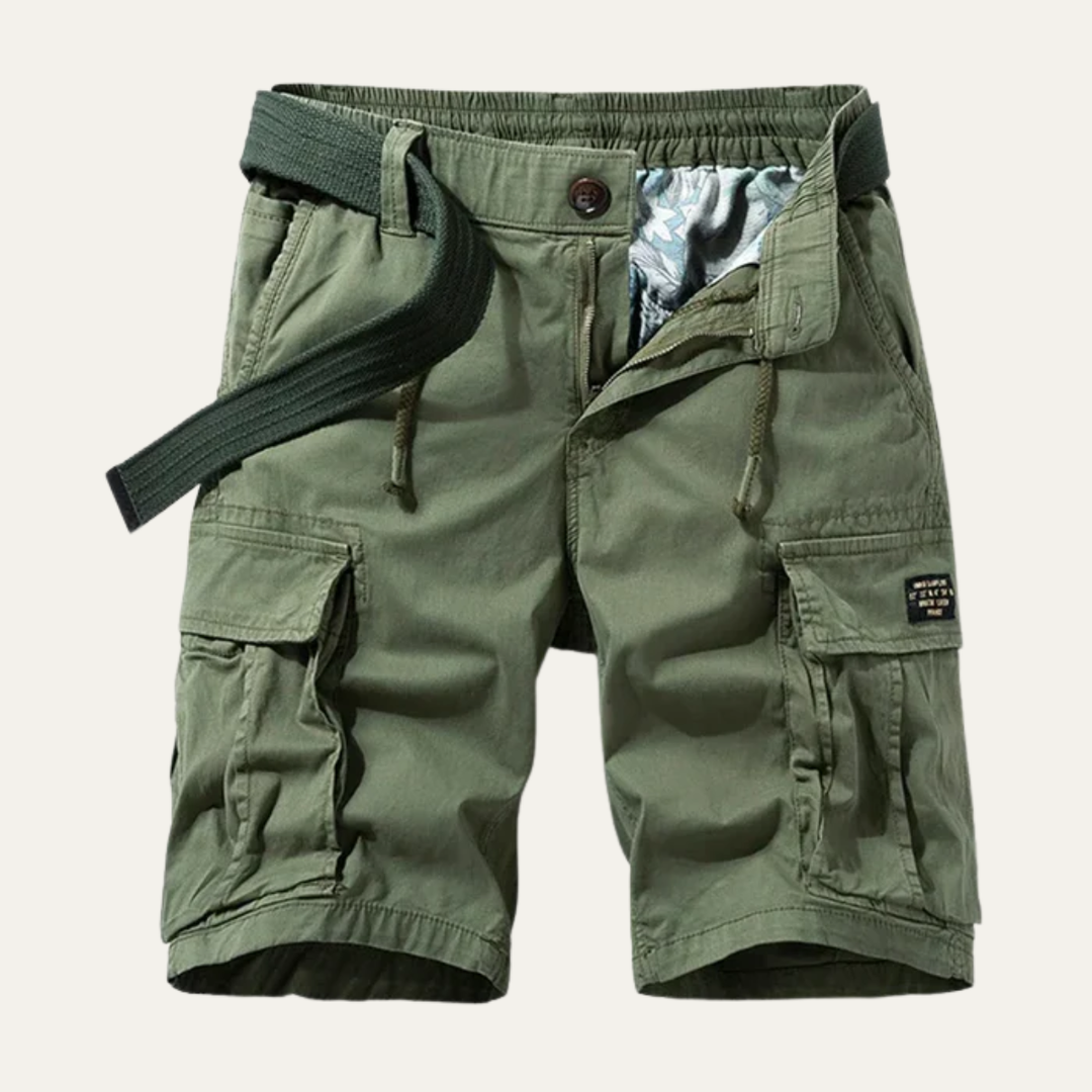 Front view of khaki cargo shorts worn with a belt, showing multiple pockets and relaxed fit