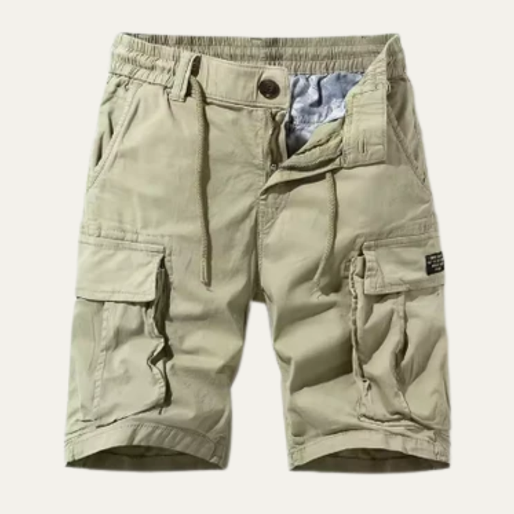 Khaki cargo shorts with elastic waist, button front, and large flap pockets
