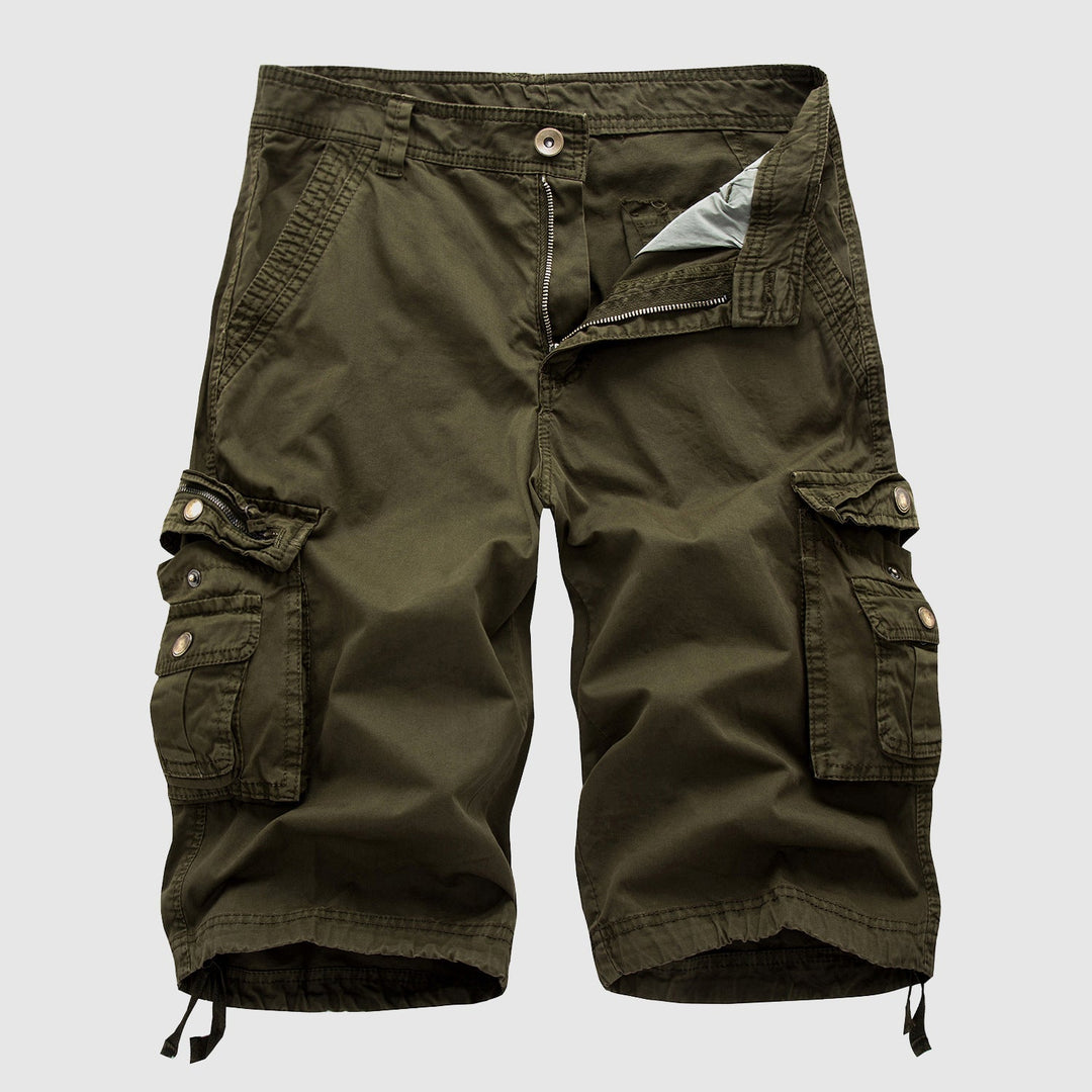 Olive green knee length cargo shorts with snap cargo pockets, zip fly, and relaxed fit
