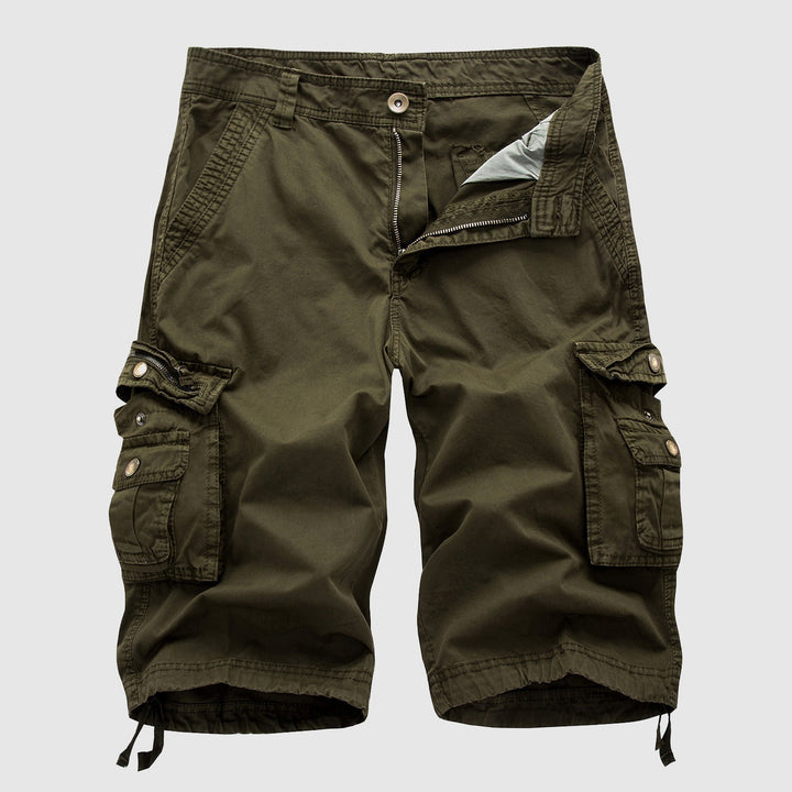 Olive green knee length cargo shorts with snap cargo pockets, zip fly, and relaxed fit