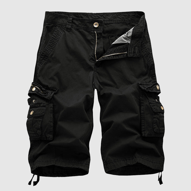 Black knee length cargo shorts with flap cargo pockets, button waist, and adjustable hem ties
