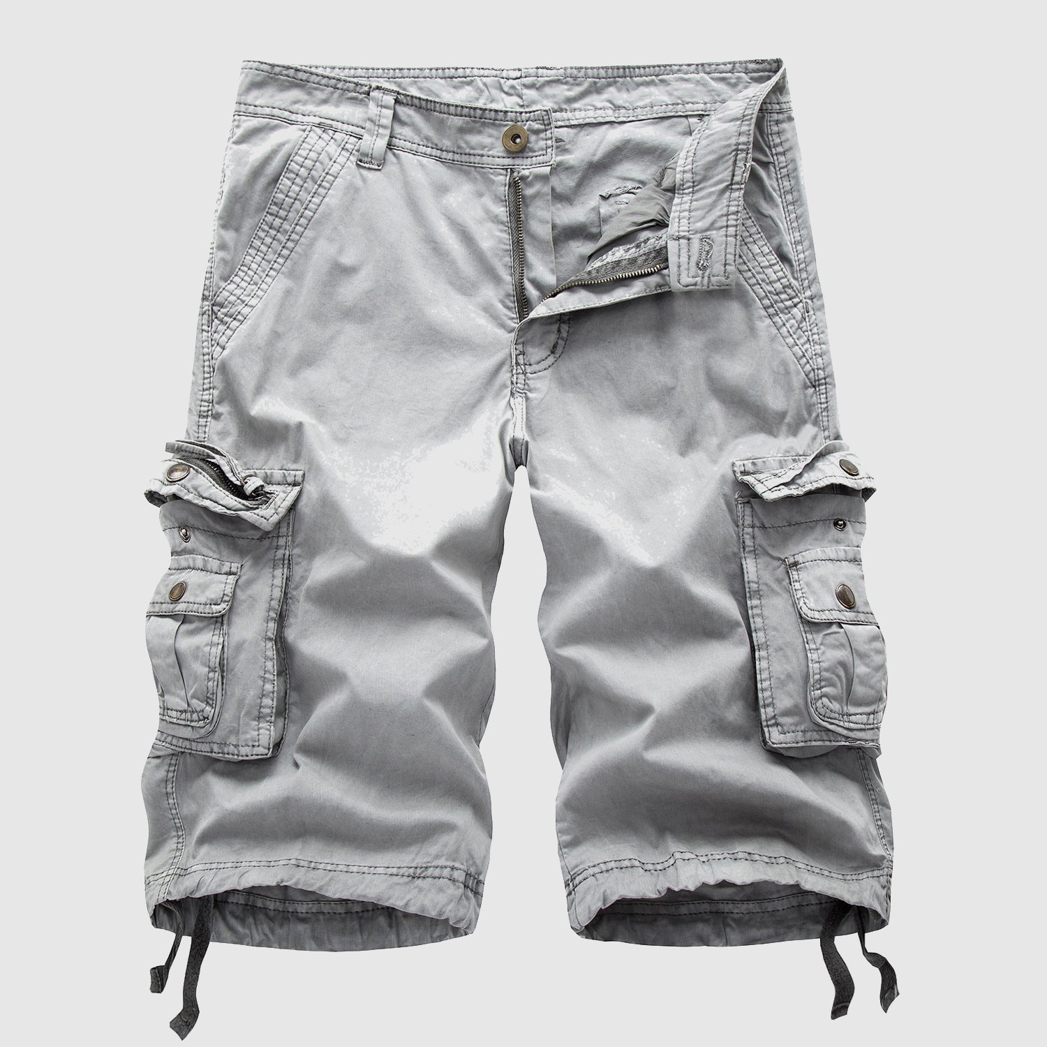 Light gray knee length cargo shorts with large flap pockets, snap buttons, and relaxed fit