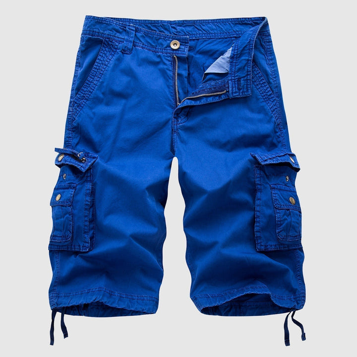 Bright blue knee length cargo shorts with cargo pockets, zipper fly, and drawstring hems