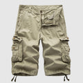 Khaki cargo shorts for men with front zipper, side pockets, and knee length cut