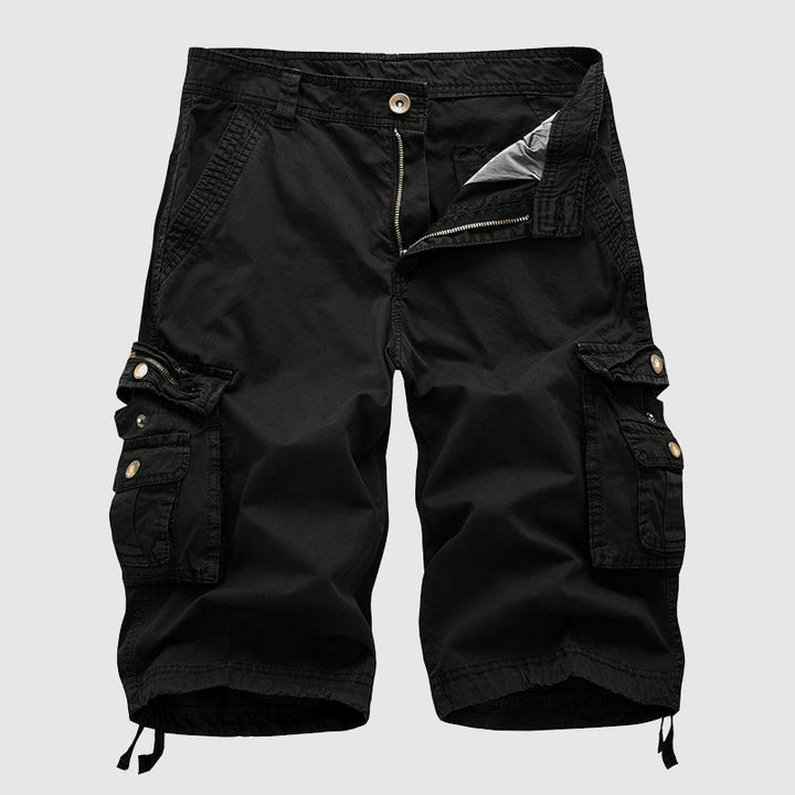 Black cargo shorts for men with side flap pockets, zipper fly, and adjustable drawstring hems