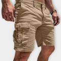 Khaki men's knee length cargo shorts with side cargo pocket, front pockets and zipper fly
