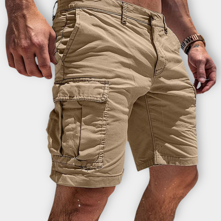 Khaki men's knee length cargo shorts with side cargo pocket, front pockets and zipper fly