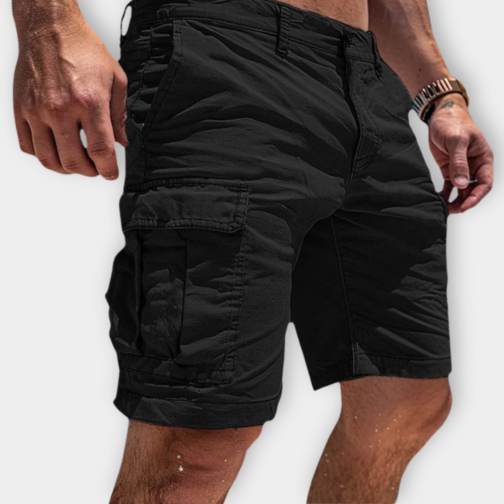 Black men's knee length cargo shorts with large side pocket, stitched seams and zip closure